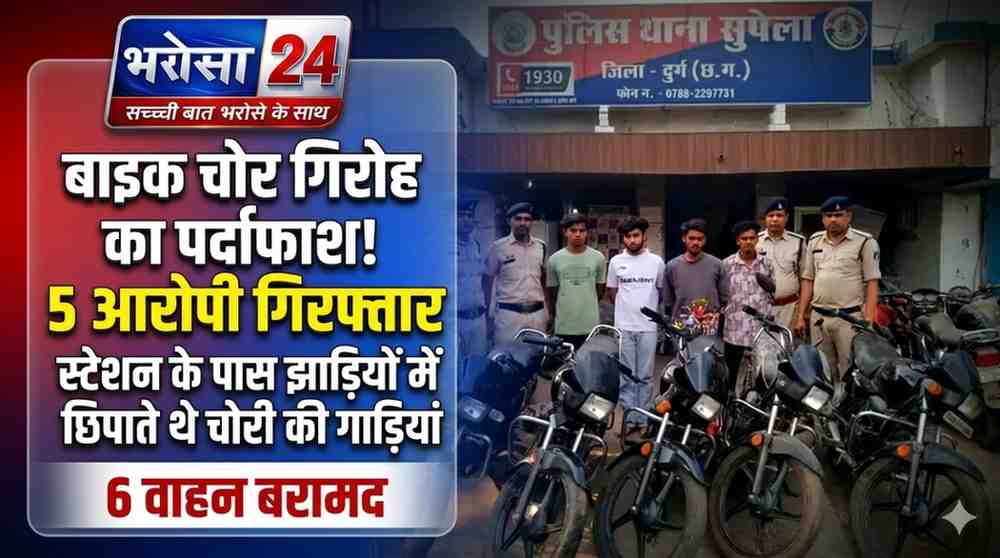 दुर्ग में बाइक चोर गिरोह का पर्दाफाश: पब्लिक प्लेस से चोरी कर झाड़ियों में छिपाते थे वाहन, नाबालिग समेत 5 गिरफ्तार