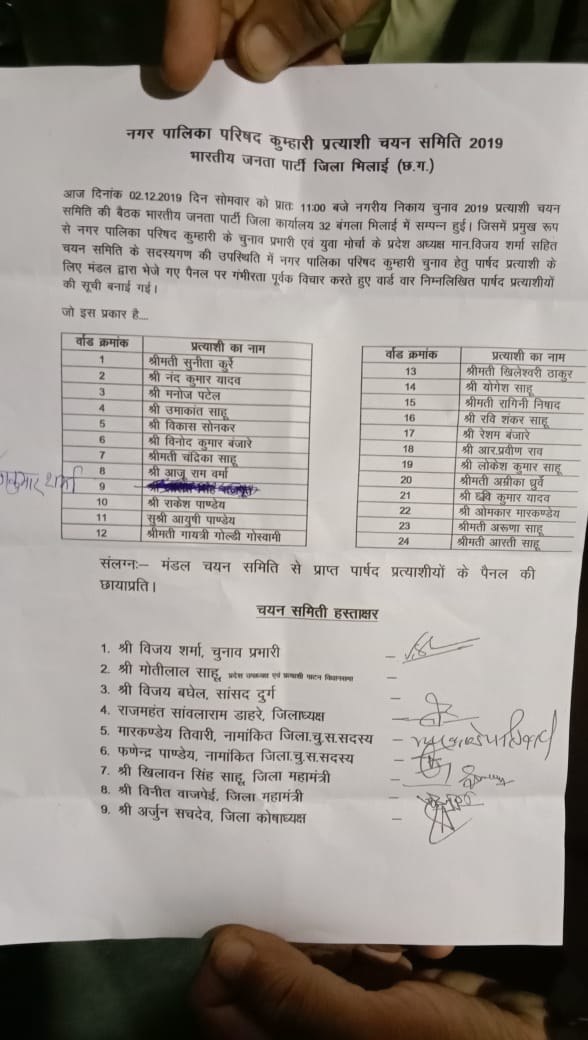 भाजपा ने जारी की नगर निगम दुर्ग में होने जा रहे पार्षद प्रत्याशियों की सूची